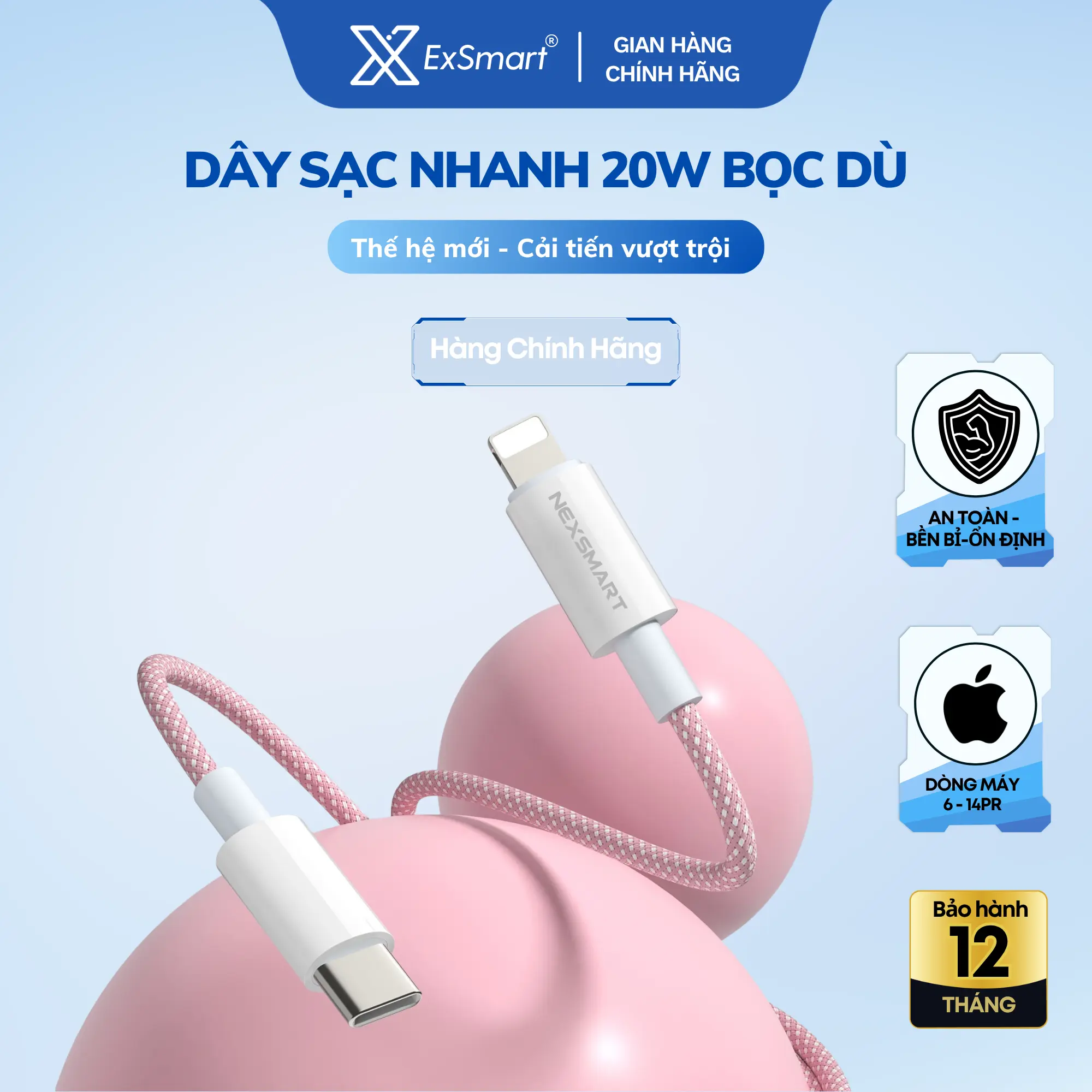ExSmart Dây Sạc Nhanh 20w dành cho Iphone Cáp Bọc Dù Tự Ngắt Khi Sạc Đầy Chống Gãy Gập Độ Bền Cao Bảo Vệ Pin An Toàn Cho Điện Thoại