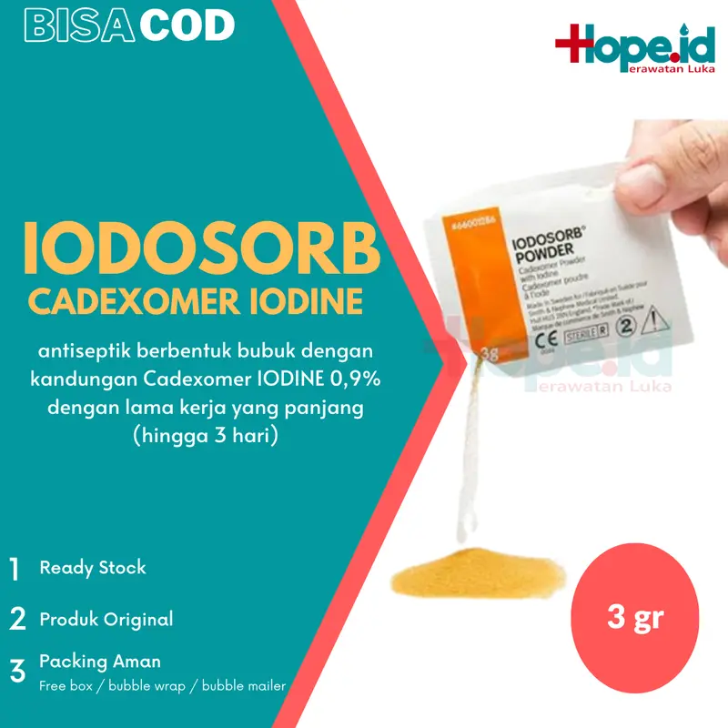 Antiseptik Luka Iodosorb Powder Cadexomer Iodine 0,9% - Bubuk 3gr - Harga per Bungkus 1