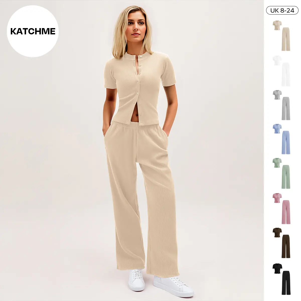 KatchMe Women's Minimalist Solid Color Button-Up Short Sleeve Slim Top & Plicated Wide Leg Trousers Co-ord, Basic Two Piece Outfits, Comfortable Womenswear