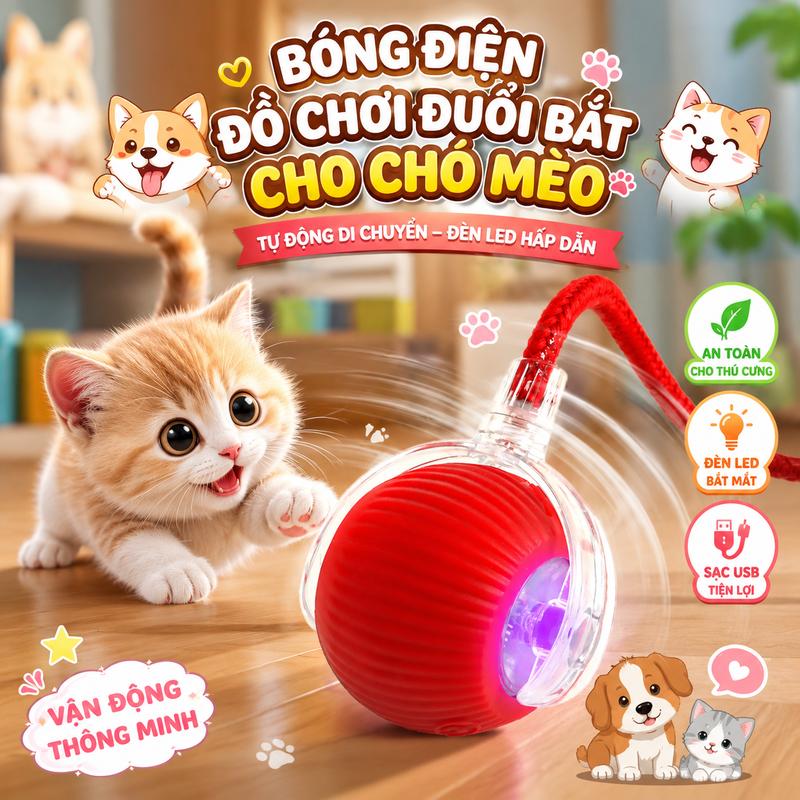 Bóng Lăn Tự Động Cho Mèo Chó – Đồ Chơi LED Thông Minh, Kèm Đuôi Dây Vui Nhộn, Sạc USB Tiện Lợi