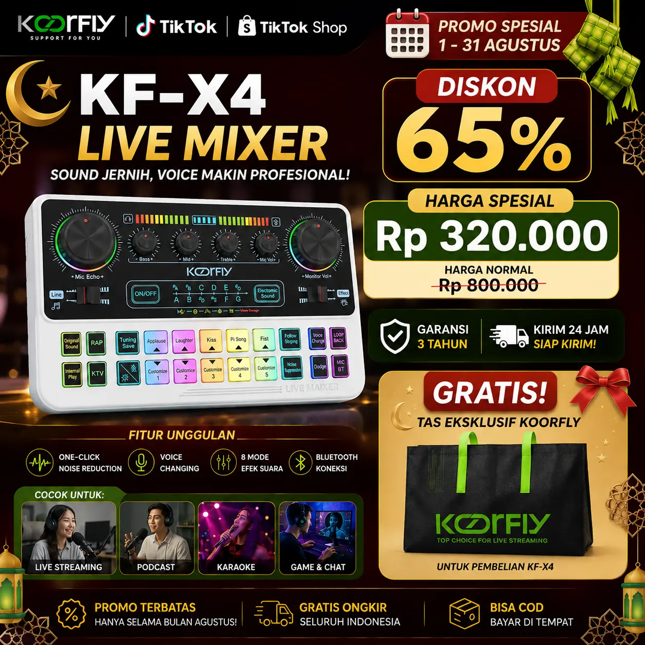 [PROMO AGUSTUS 65%] Koorfly KF-X4 Sound Card AI Live Mixer | Anti Noise, Voice Effect & Karaoke untuk TikTok Live + Gratis Tas Eksklusif Koorfly | Garansi 3 Tahun