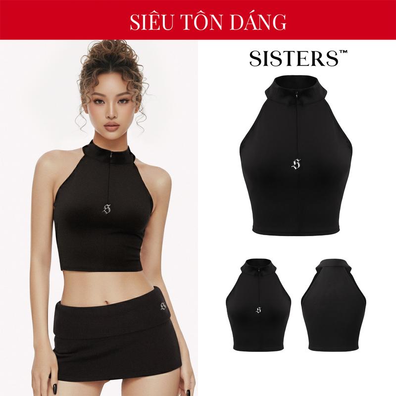Áo Tank Top nữ sát nách croptop SISTERS cổ cao dáng ôm màu đen phối khóa kéo I SS-T36