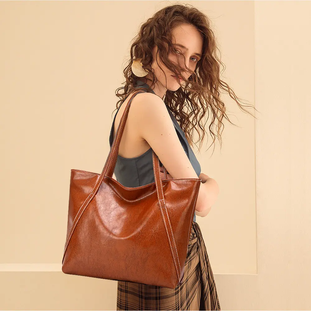 Foreign trade cross-border bag female 2025 new oil wax leather soft leather shoulder bag commuter handbag large capacity tote bag