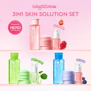 【3in1】Glad2Glow Skin Solution Set 3 in 1 3pcs- Micellar Water+Moisturizer+Serum- Glowing Barrier Anti-Acne  Kit -Barrier Set + Acne Control Kiwi Set + Calming Blueberry Set - For Brightening Anti-Blemish & Sensitive Skin Complete Care
