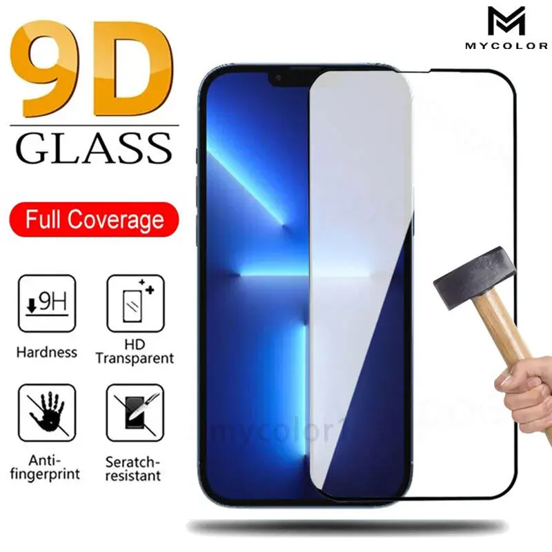 9D Full Screen Protector Tempered Glass For iPhone ip 16 15 14 13 12 Mini 11 Pro X Xs Max Xr 7 8 6 6s Plus SE SE2 SE3 2020 4G 5G 2024 2025 Accessories Cloth Cover Sticker