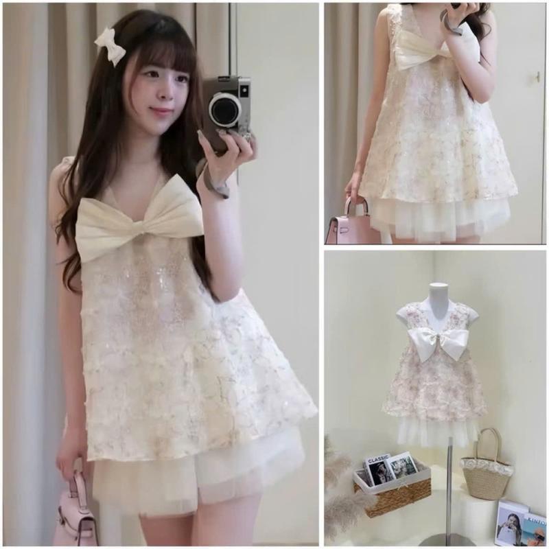 [ Xả Kho ]  Sét Bộ Áo Ren Hoa Nổi Sát Nách Mix NƠ TO kèm chân váy lưới dễ thương Mã 2