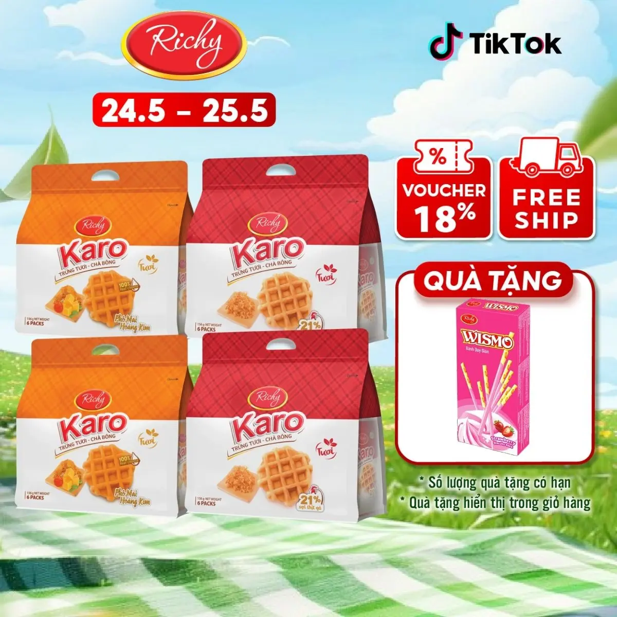 [DUY NHẤT 24.5 - 25.5 Tặng 1 wismo] Combo 4 túi Karo Richy Hương vị trứng tươi - chà bông - Thức Ăn, Food