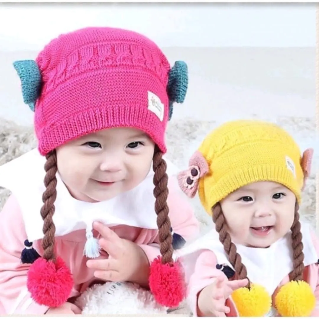 Topi Bayi kupluk rambut Kepang anak perempuan/Topi bayi rambut kepang motif pita TKL-04