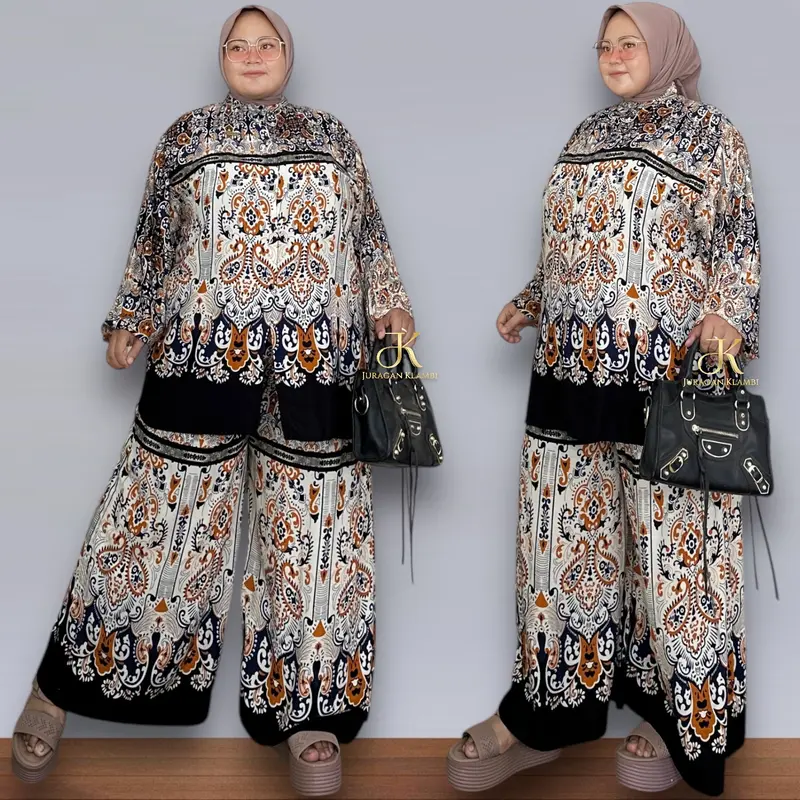 Setelan Celana Kulot Jumbo Motif LD 140 LD 160 Lingkar Pinggang 100-140 Estimasi BB 80-160KG Oversize Jumbo Rayon Viscose Adem Kancing Busui Free Bros  Muslim Wanita | Juragan Klambi 3