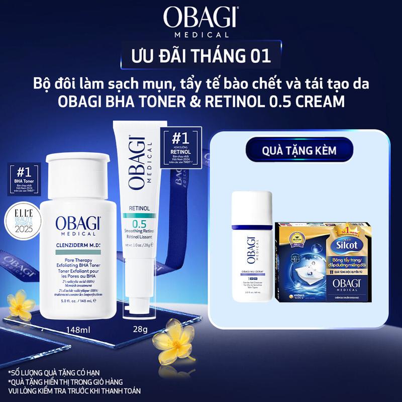  Bộ đôi dưỡng da Obagi Toner BHA hỗ trợ làm sạch mụn và tẩy tế bào chết MEDICAL CLENZIDERM M.D. PORE THERAPY EXFOLIATING BHA TONER 148ml & Kem dưỡng RETINOL 0.5 Cream 28g 