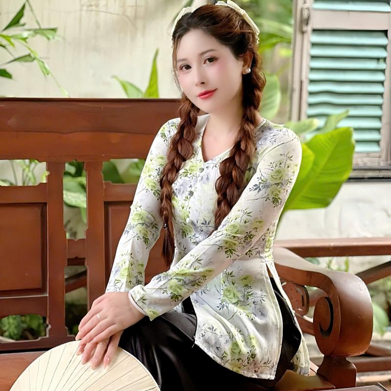  Hân Nguyễn Áo Bà Ba - B.A158 - Áo Bà Ba Lụa Bảo Anh in Hoa Xinh Xinh Cổ Tim Nút Nụ Tay Dài Dây Kéo   QUẦN NGỌC TRAI   