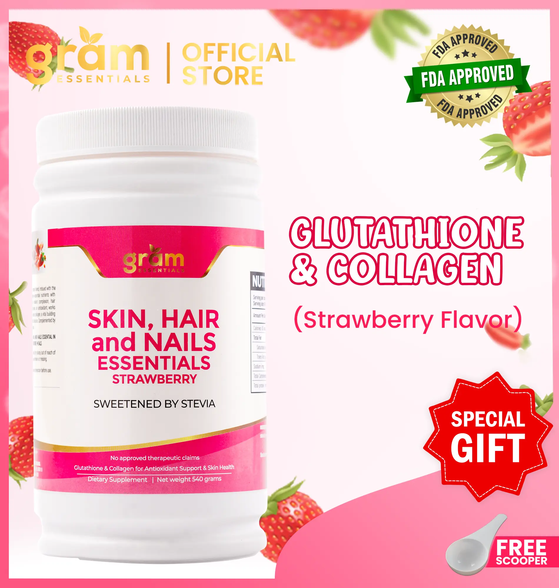 GRAM Essentials Glutathione and Collagen Drink Strawberry Flavor (30  servings) Supplement Beauty Dietary Skin Hair and Nails Essentials free  Tumbler