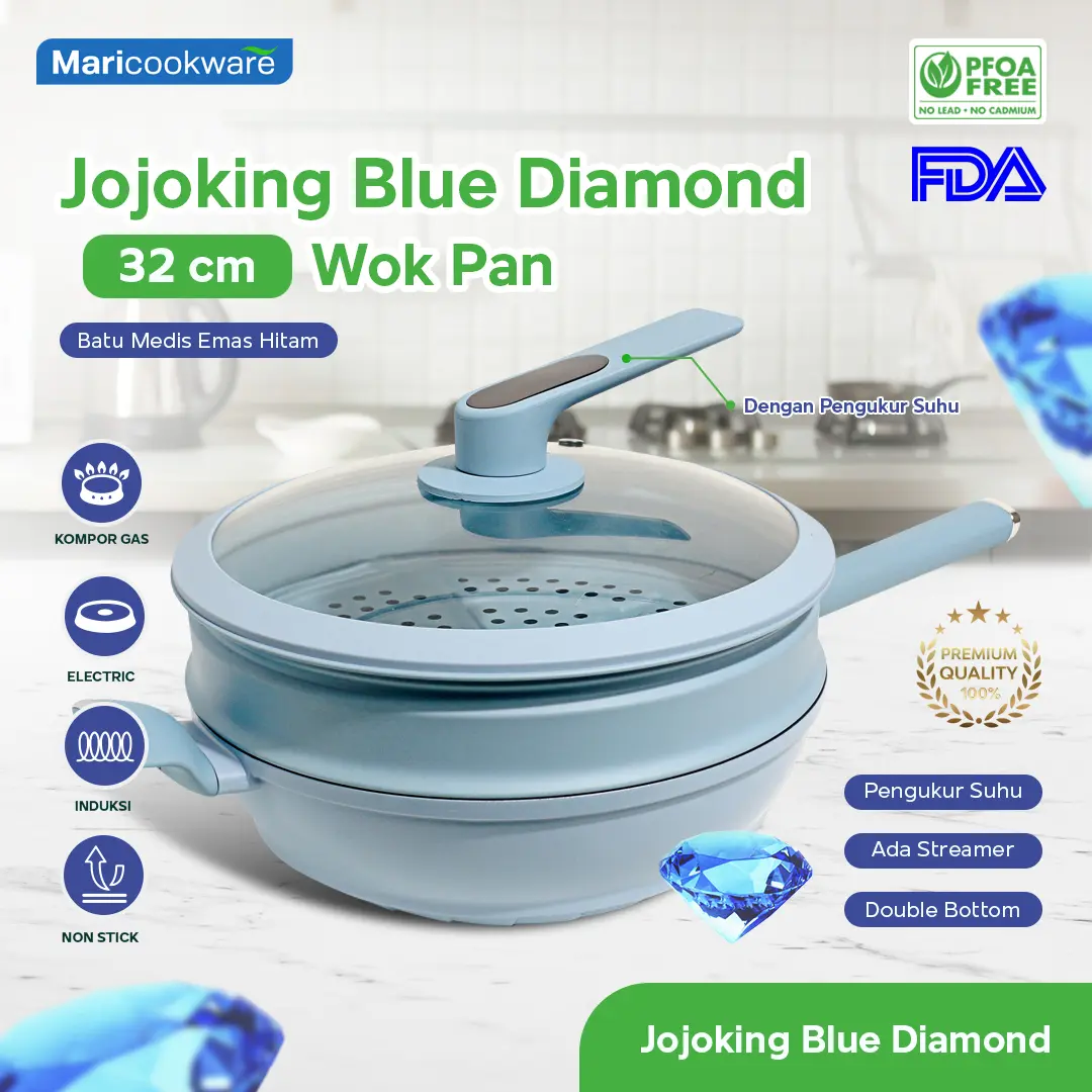 Jojoking Blue Diamond Wok Pan Non-Stick Black Gold Medic Stone Wajan Batu Medis Emas Hitam Partikel Diamon Biru Anti Lengket PFOA Free + Steamer + Lid