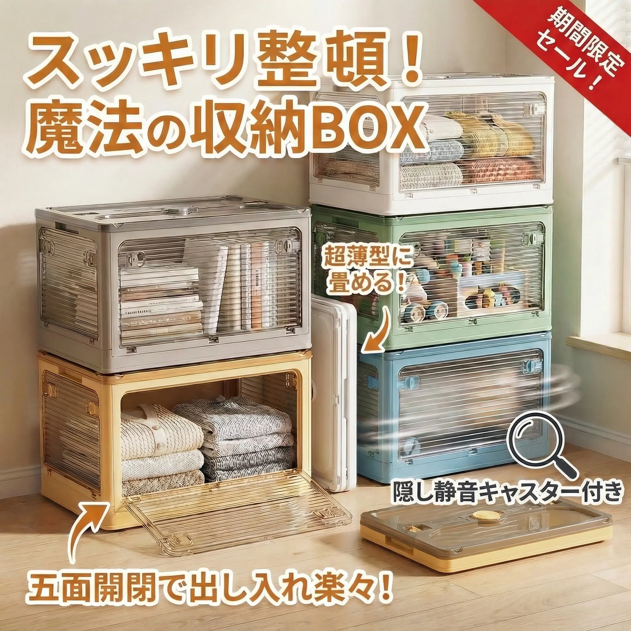 収納ボックス 折畳み キャスター付き 5面開閉 収納ケース ４個まとめ売り 収納ボックス 折畳み キャスター付き 5面開閉 収納ケース 4個まとめ