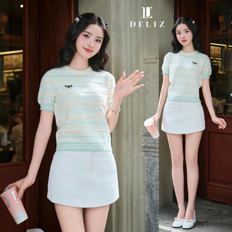 Áo len cổ tròn nữ kiểu dáng cộc tay phối viền pastel chất liệu cao cấp DELIZ - ALC01