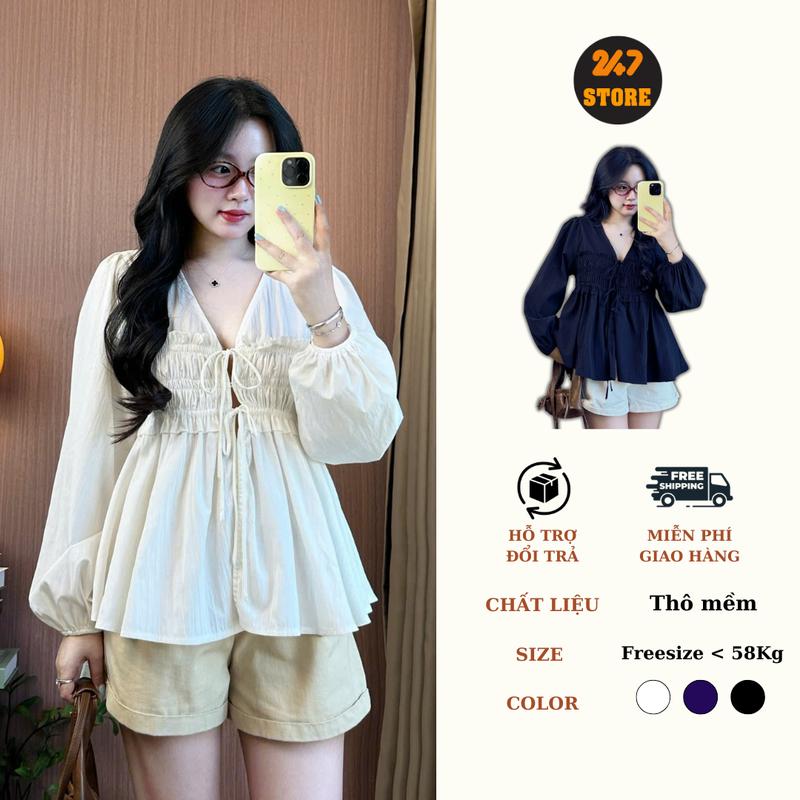  247store - Áo Babydoll Cổ V Dài Tay Thắt Dây Nơ Trước Áo Kiểu Nhún Bèo Tay Bồng Bo Chun Cổ Tay Nhúm Eo Điệu Đà - Aobabydoll02 