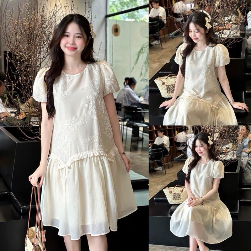 Đầm bầu Lata hoa thêu tay bí đuôi cá voan tơ cách điệu kết nơ xinh xắn cho mẹ đi làm mang Tết đi tiệc sang chảnh