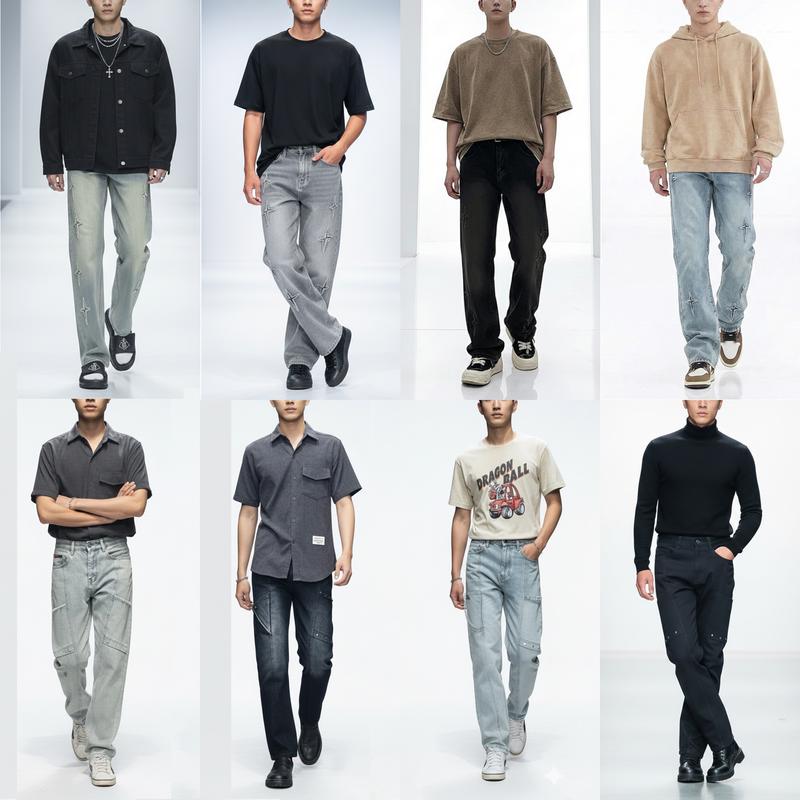 CAROLLA Quần Jean Nam Form suông ống đứng ống suông Sao 4 Cánh may mắn Menswear Pants Có Túi