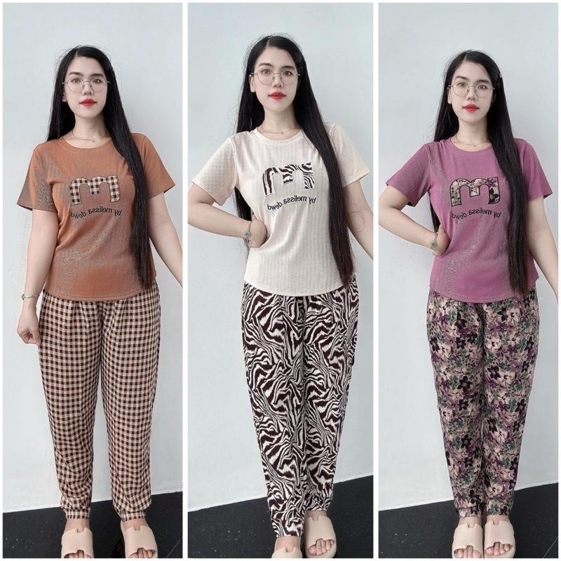 Set Bộ Áo Thun Lẻ Tay Ngắn Co Giãn Tốt và Quần Dài Dáng Baggy Lưng Cao Mặc Nhà Đi Chơi Đều Đẹp