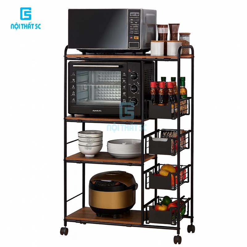 Kệ bếp đa năng Flexi cấu tạo 3 tầng hoặc 4 tầng kép mặt kệ bằng gỗ khung sắt sơn tĩnh điện kệ có bánh xe tiện lợi giúp di chuyển dễ dàng. NỘI THẤT 5C