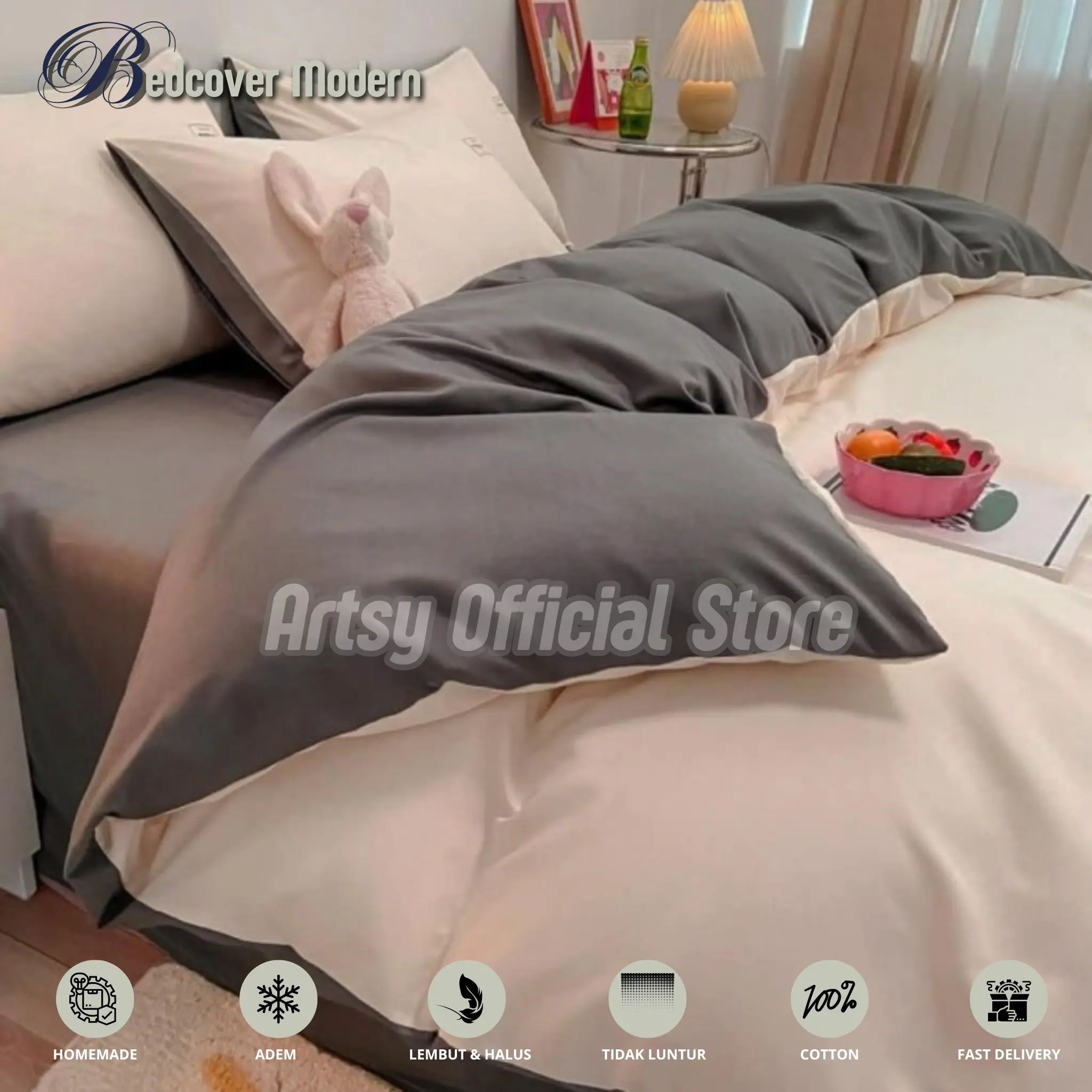Set Sprei dan Bedcover Polos Kombinasi Dua Warna TwoTone Homemade Ukuran Lengkap 200-100 Bahan Katun Halus - Kain, Bantal Karet Tali Sarung