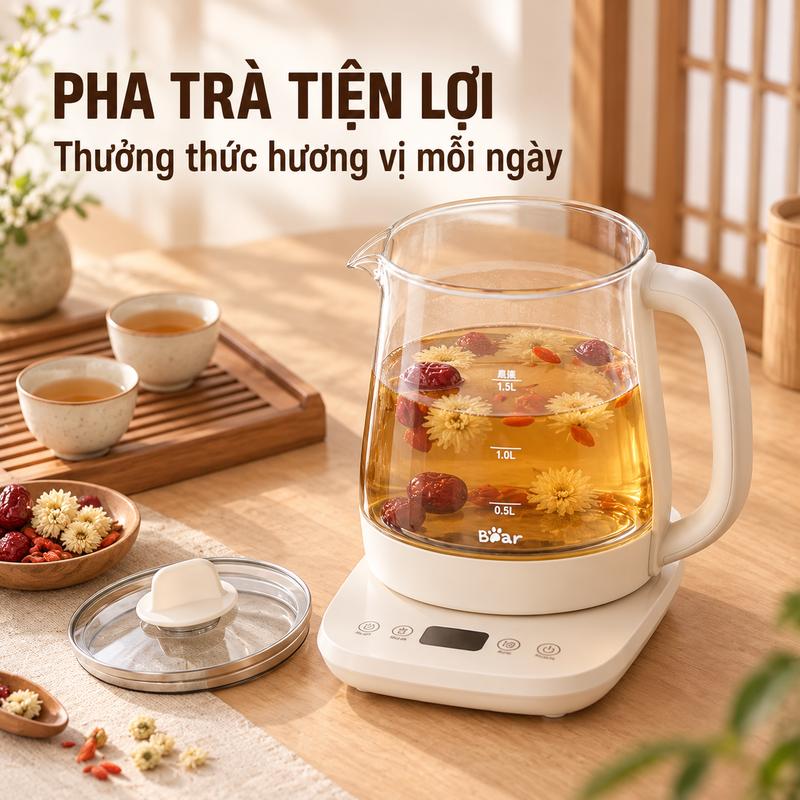 Ấm dưỡng sinh Bear HK-4H15Z dung tích 1.5L, công suất 800W, hẹn giờ 12 giờ, giữ ấm 24 giờ, điều chỉnh nhiệt độ 40–90°C, bình thủy tinh trong suốt, bảng điều khiển điện tử tiện dụng, phù hợp nấu trà, thảo mộc và đồ uống nóng cho gia đình 304 x