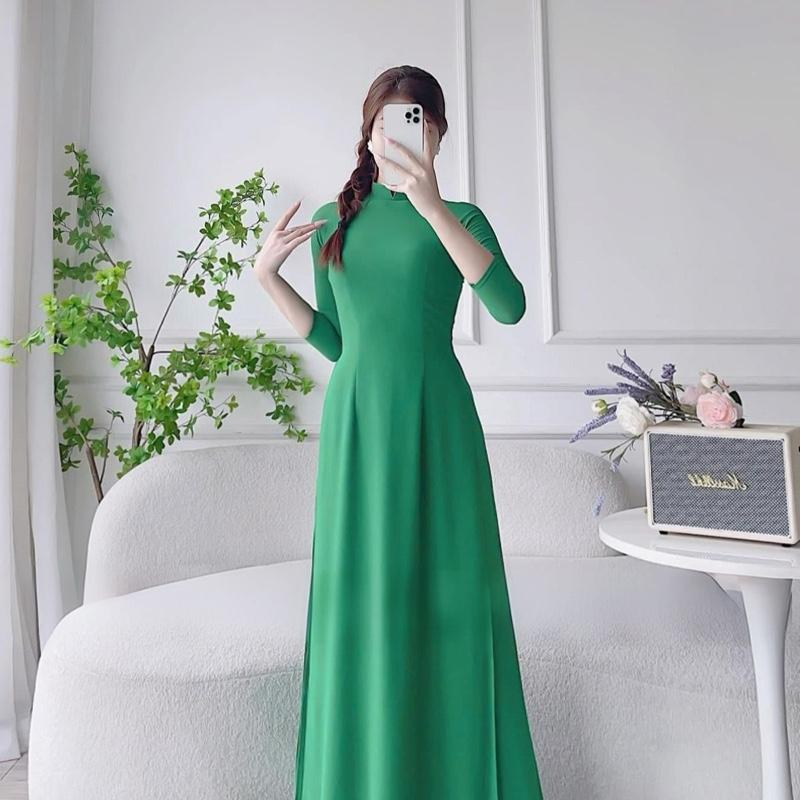 [TAY LỠ - SẴN HÀNG ] Bộ Áo dài trơn 2 tà màu xanh lá chất lụa Mỹ mềm mịn co giãn thoải mái Women Dress - Áo Dài Nhà Anne 1