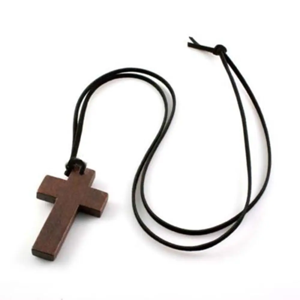 New Vintage Ancient Wooden Gift Cord Brown Religious Leather Pendant Cross Necklace Jewelry
