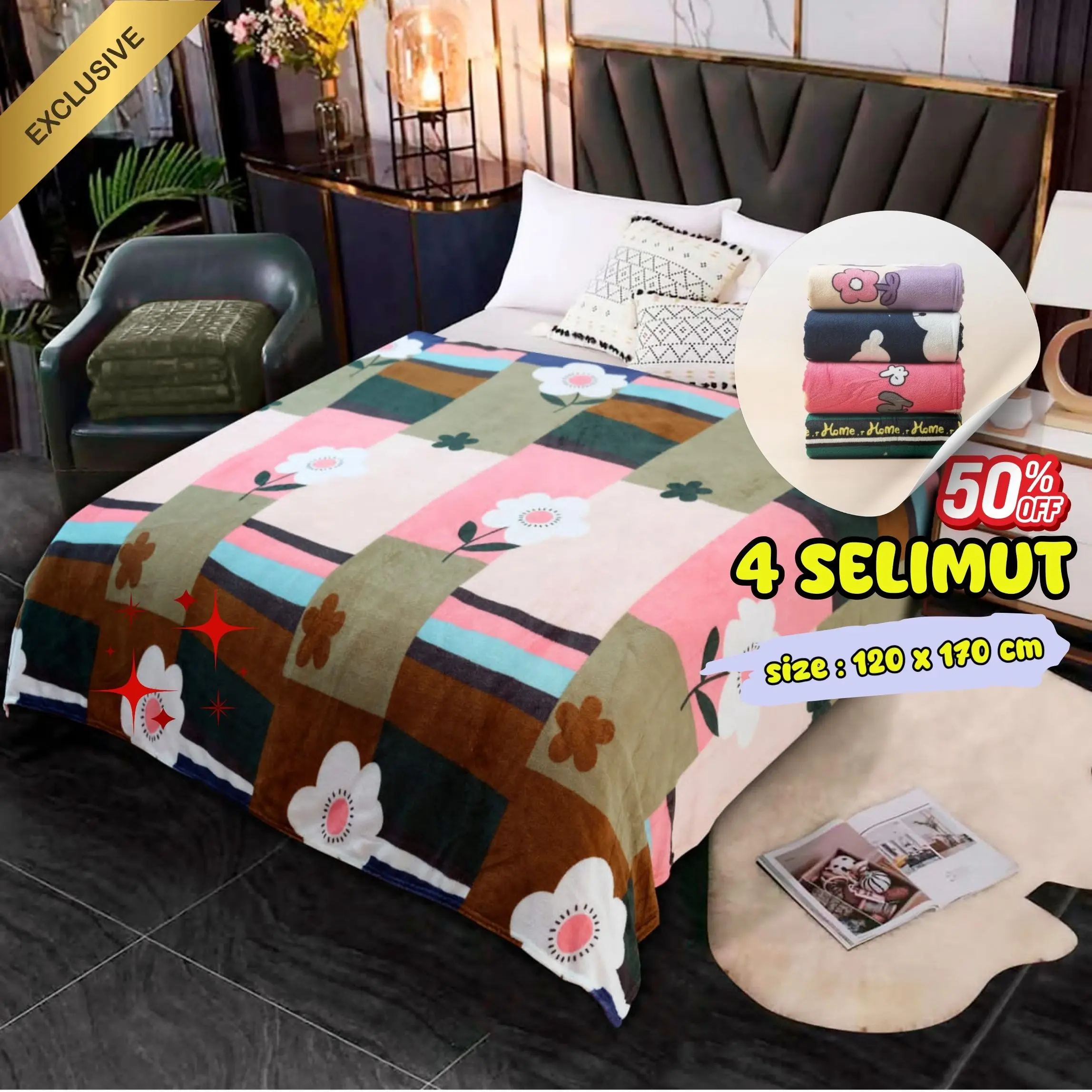 PROMO - 4 PCS Selimut Bulu Halus ukuran 120 x 170 cm Halus dan lembut Kado