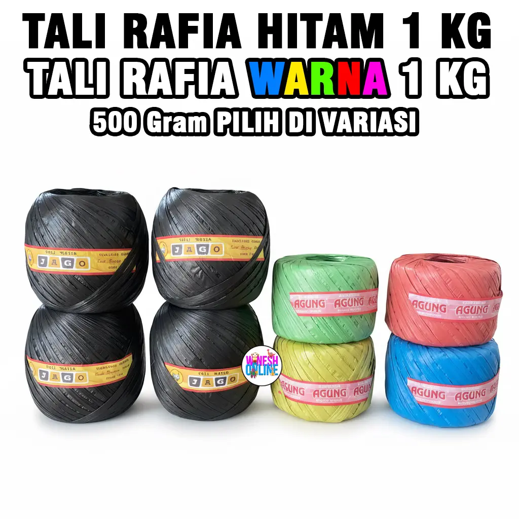 1 Kg Tali Rafia Gulungan Hitam dan Warna / Tali Rafia Hitam dan Warna Kuat dan Panjang
