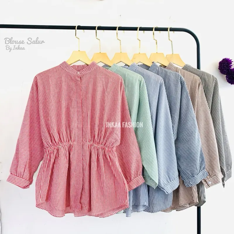 Kemeja renatta stripe shirt kerah shanghai Muslim Wanita Baju Atasan Panjang Remaja Dewasa Casual Katun Cewek Motif Oversize