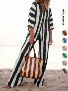 Conjunto de suéter calado con estampado de rayas y bloques de colores para mujer, conjunto informal de camisa con botones en la parte delantera y pantalones de pierna ancha, ropa de punto de mujer para el día a día
