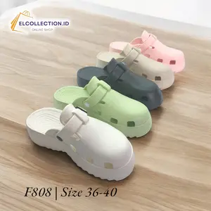 F808 | Sandal Wanita model Baim / Clog | Sendal Jelly Wanita Terbaru | Sandal Wanita Tebal dan Empuk Juga Anti Slip Hitam Merah Putih