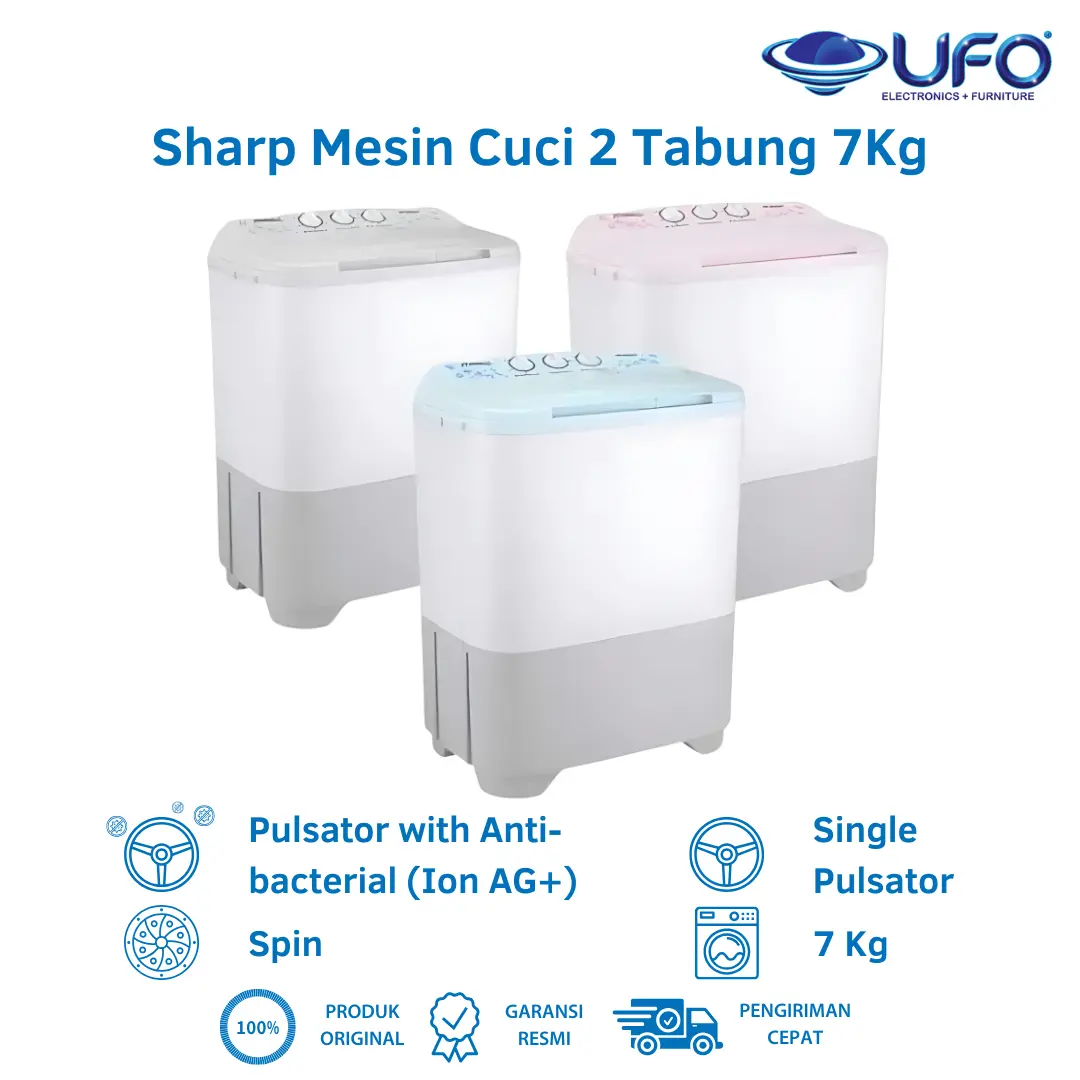 Mesin Cuci 2 Tabung 7Kg Sharp EST80MWBK/HK/PK Easy Function Pulsator Anti-Bakteri Ion AG+ Warna Penuh di Bagian Atas