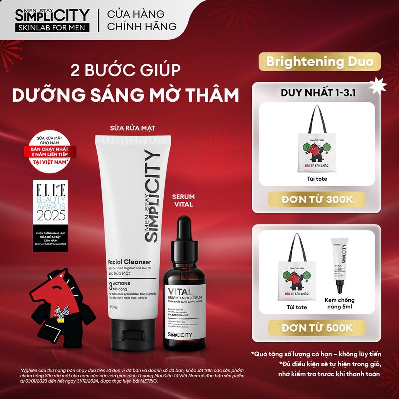   MỚI  Combo giúp dưỡng trắng mờ thâm tiết kiệm dành cho nam Men Stay Simplicity Brightening Duo gồm: Sữa rửa mặt 100g & Serum Vital 30ml 