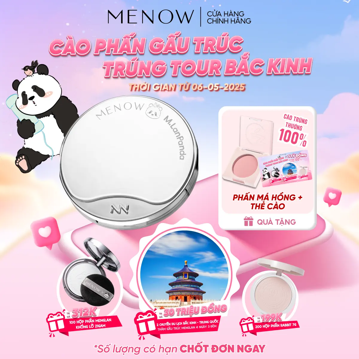 [MUA 1 TẶNG 2] Phấn phủ gấu trúc khổng lồ kiềm dầu, giữ tone vượt trội MENOW x MENGLAN PANDA Velvet Mist Complexion [TẶNG 1 MÁ HỒNG+THẺ CÀO]