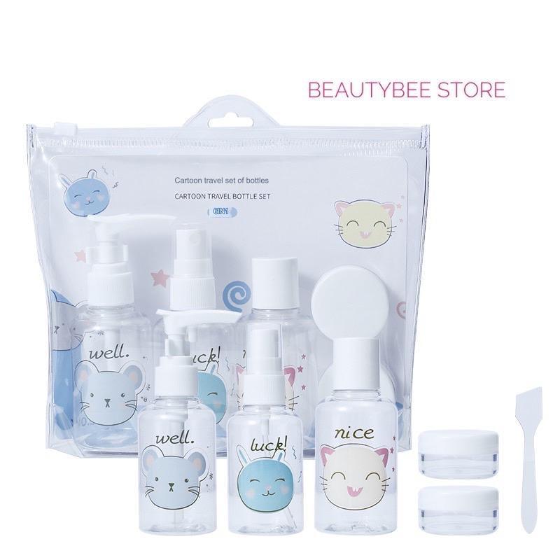 BOTOL TRAVEL SET + TEMPAT CREAM MOTIF CAT ISI 6 + POUCH (SY1039) 0