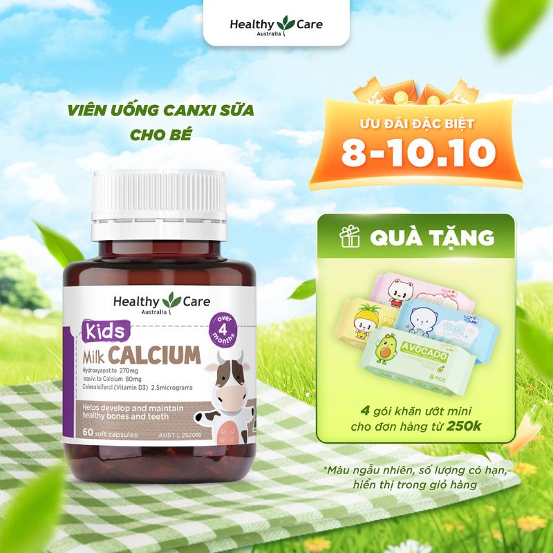(LIVE) Viên uống Canxi sữa Healthy Care Kids Milk Calcium 270mg 60 viên  - Bổ sung Canxi và Vitamin D3, hỗ trợ phát triển xương và răng cho bé.