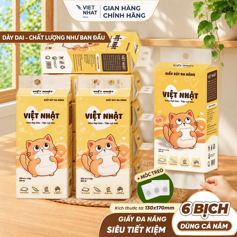 [DEAL MỞ BÁN - THÙNG 6 BỊCH GIẤY MÈO CAM] Khăn Giấy Mèo Cam Việt Nhật 4 Lớp Siêu Dai 200 lần rút 800 tờ 170*130 mm  – Đa Năng, Không Bụi Mịn, Đạt Tiêu Chuẩn Chất Lượng