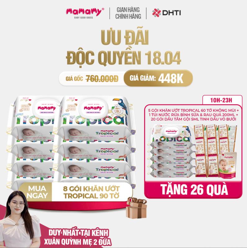 [XQ][MUA 8 TẶNG 26] MUA 8 gói khăn ướt Mamamy Tropical 90 tờ TẶNG 5 gói khăn ướt Tropical 60 tờ không mùi + 1 túi nước rửa bình sữa & rau quả Mamamy 200ml + 20 gói dầu tắm gội 5ml tinh dầu vỏ bưởi