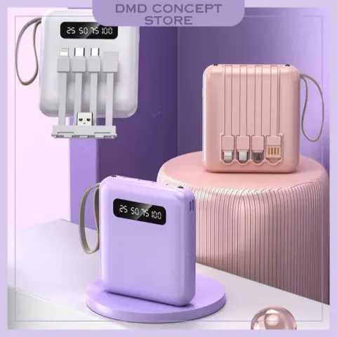 10000 20000mAH Fast Charge Charing Powerbank With 4 Cables Mini Power Bank come with Digital Display LED White Battery