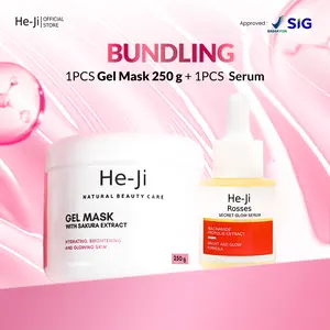 [He-Ji] Bundle 2 in 1 Glowing Set Gel Mask with Sakura Extract 250gr & Rosses Secret Glow Serum - Masker Gel & Serum Skincare For All Skin Type I Menenangkan, Menghidrasi & Mencerahkan Wajah - UJI LAB SIG & BPOM APPROVED