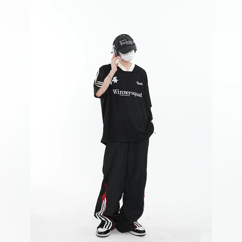 Product Introduction of Summer Heavy Embroidery American Retro V-neck Sports Casual Red Jersey Korean Short Sleeve Women's High Street Loose Couple T-shirt Fashion Brand Ins New Half Sleeve Men's Racing Clothes Top Black Basketball Shirt 11