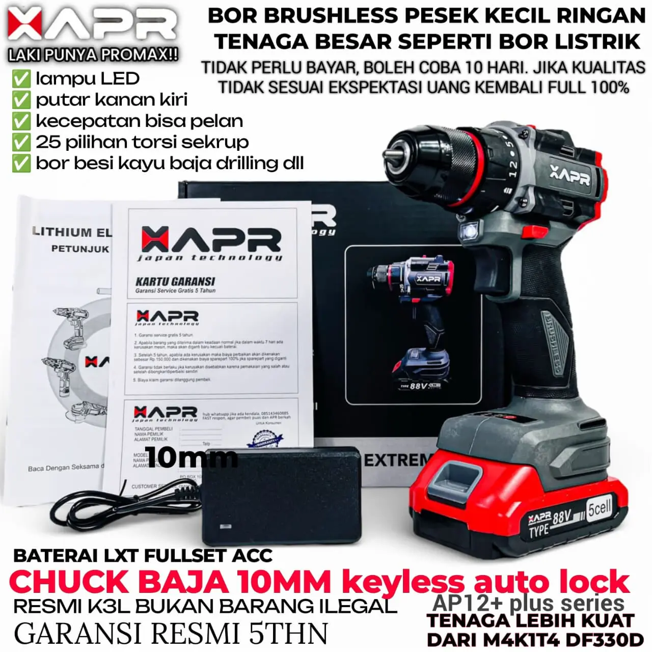 APR RAJA BOR CORDLESS BRUSHLESS TYPE AP12+ 10mm keyless auto lock mesin bor besi kayu driver sekrup drill