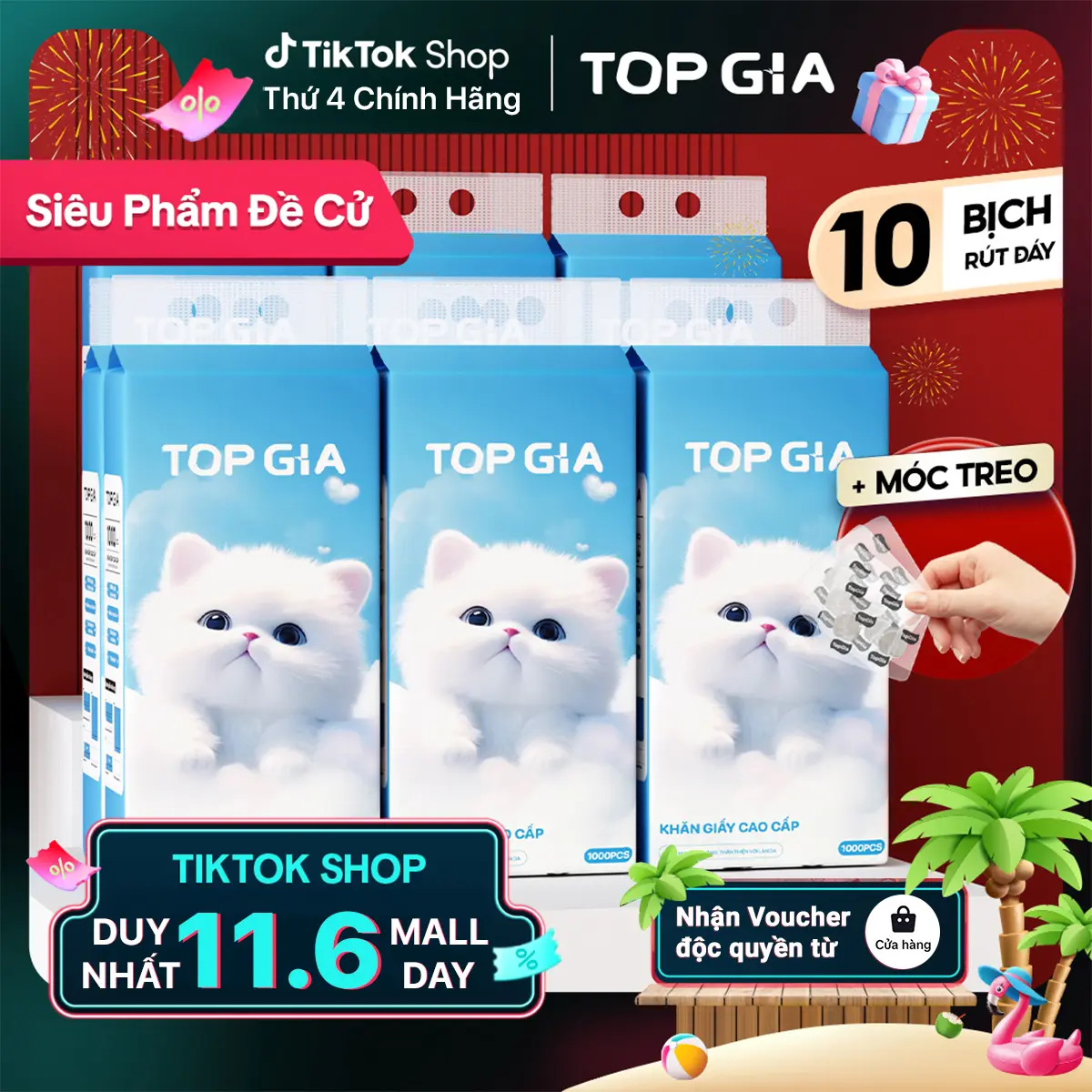 (Combo Tặng 3 Móc Treo Topgia) Thùng 10 Bịch Khăn Giấy Rút Treo Tường Cao Cấp Gia Gia Topgia 1000 Tờ, 4 Lớp Kèm 3 Móc Treo Tường Tiện Lợi (Tl3)