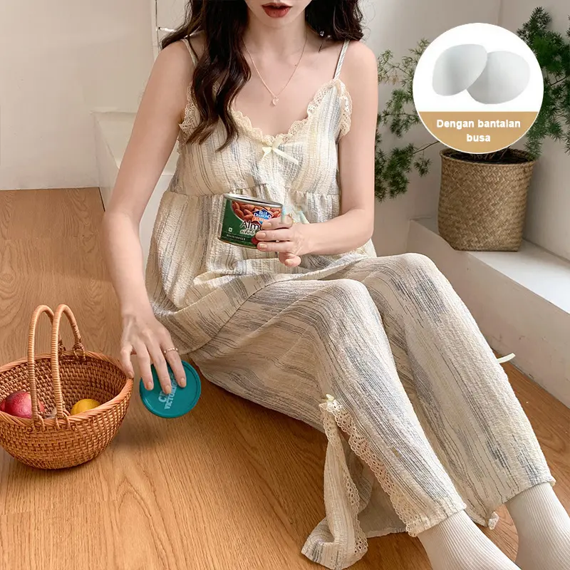 LNR Shop Setelan Santai / Piyama Baju Tidur Dengan Pad / Cup Busa Celana Panjang dan Pendek Import Leher Bentuk V Tanpa Lengan Lingerie Motif Vintage Bunga Bunga Set Pakaian Tidur