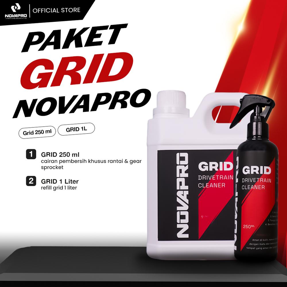 NOVAPRO Paket Pembersih Rantai Sepeda dan sprocket - GRID 250 ML & REFILL 1 L Cairan Khusus Membersihkan Kotoran Berminyak Bebas Korosi Aman Karet Brake Pads