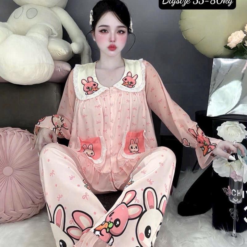 Size 60-80kg Đồ Bộ Tiểu Thư Phối Ren Tay Dài Dành Cho Nữ Lụa Latin Mềm Mát