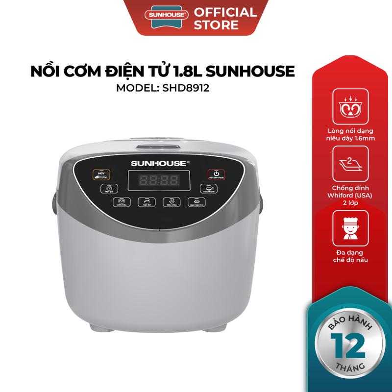 Nồi cơm điện tử 1.8L Sunhouse SHD8912 - Lòng nồi dạng niêu dày 1.6mm - Chống dính Whitford 2 lớp - Có khay hứng nước