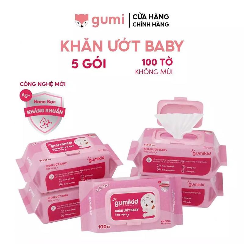 (Mall) Thùng 5 gói khăn ướt Gumi KID 100 tờ không cồn không parabens cao cấp dành cho em bé. khan tam tre